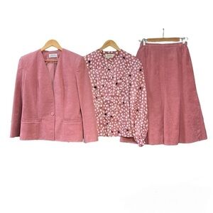 Vintage Lilli Ann Pink Ultra Suede Suit Blazer Skirt Blouse Belt Women’s S/M 80s